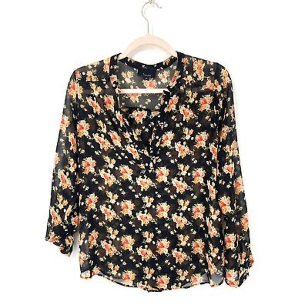 Anthropologie Lumiere Women's Black Floral Sheer‎ Top Small Long Sleeve